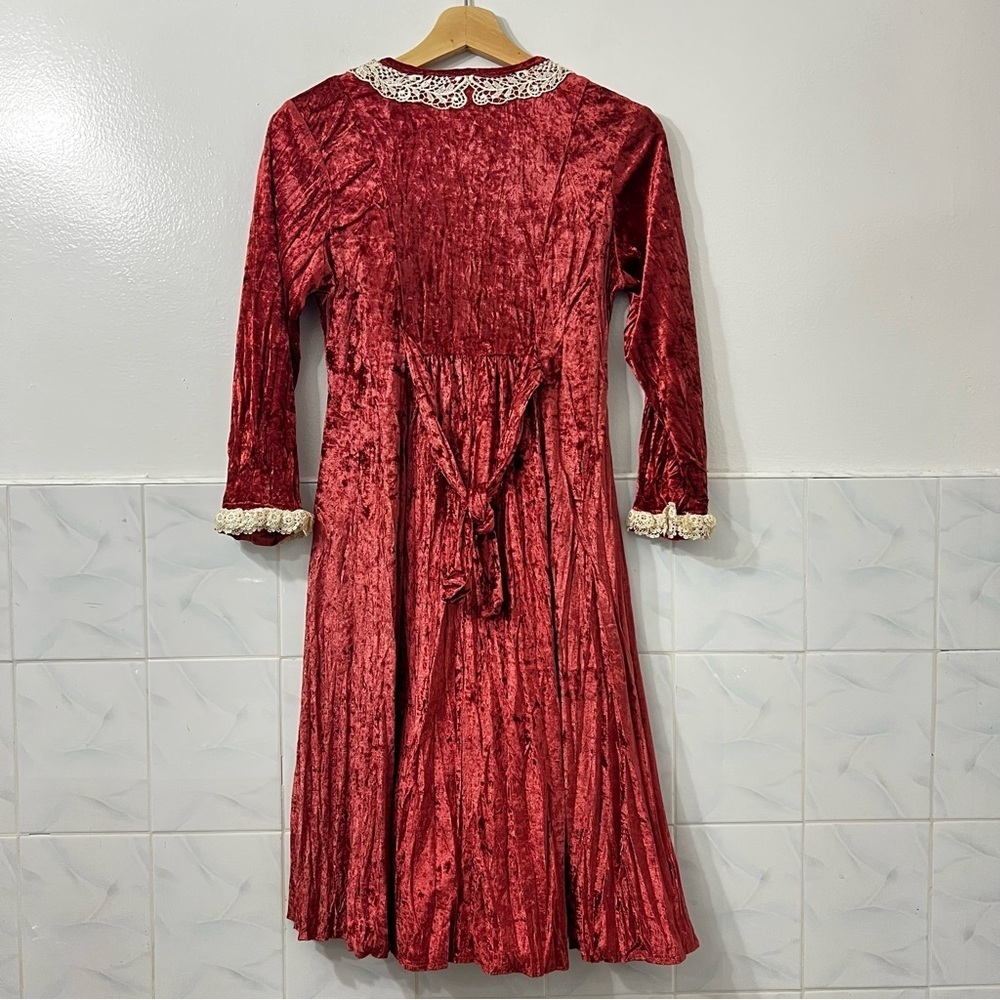 Vintage XS Red Crushed Velvet Midi Dress Victorian Whimsigoth Fairy Grunge 70s - Picture 8 of 11